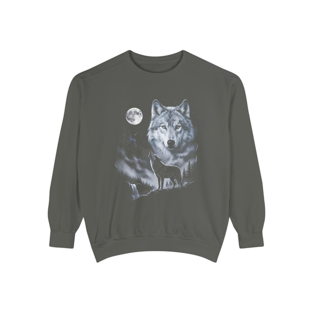 Airbrushed wolf howling at a cold moon in ice-blue, silver and violet on black, 1990s nature-tee style.
