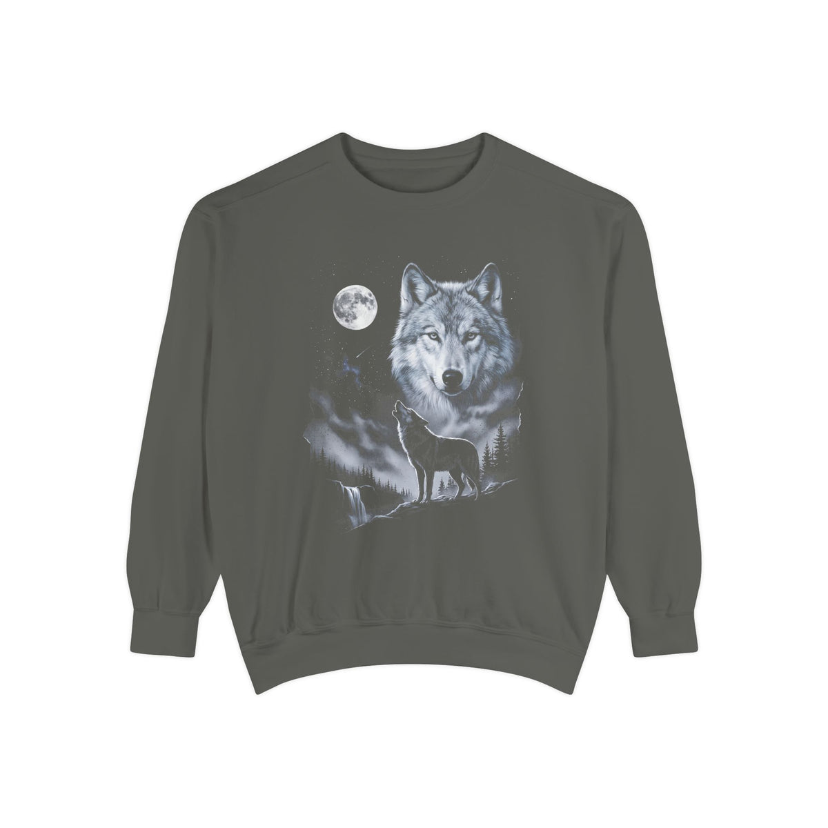 Airbrushed wolf howling at a cold moon in ice-blue, silver and violet on black, 1990s nature-tee style.