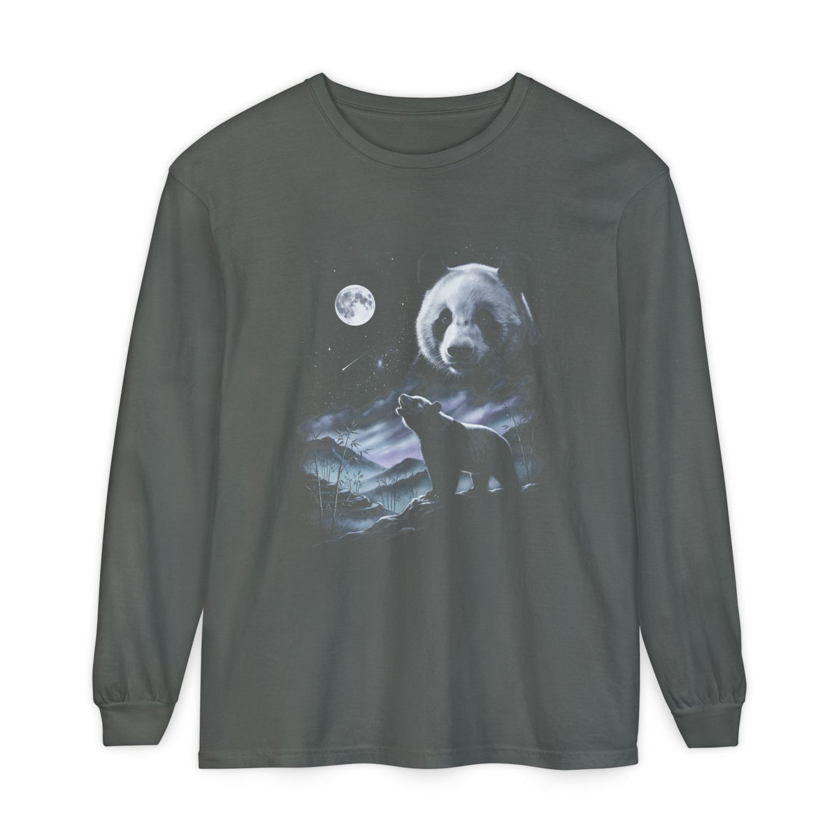 Airbrushed 1990s-style art of a panda howling at the moon in cold whites, silvers, and ice blue against black.