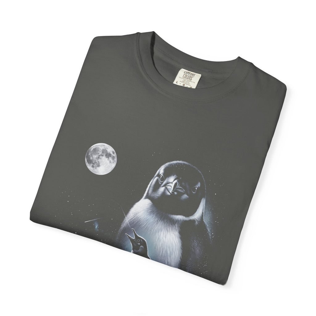 1990s airbrushed art: a black-and-white penguin howls at a cold moon in icy blues and near-black.