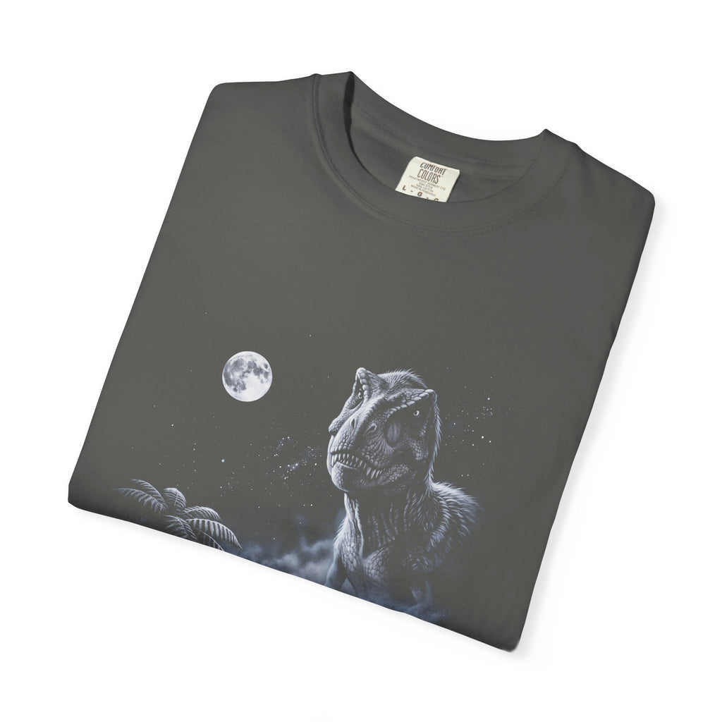1990s airbrush-style t-rex howling at the moon in cold blue-grey tones with speckled mist on black.