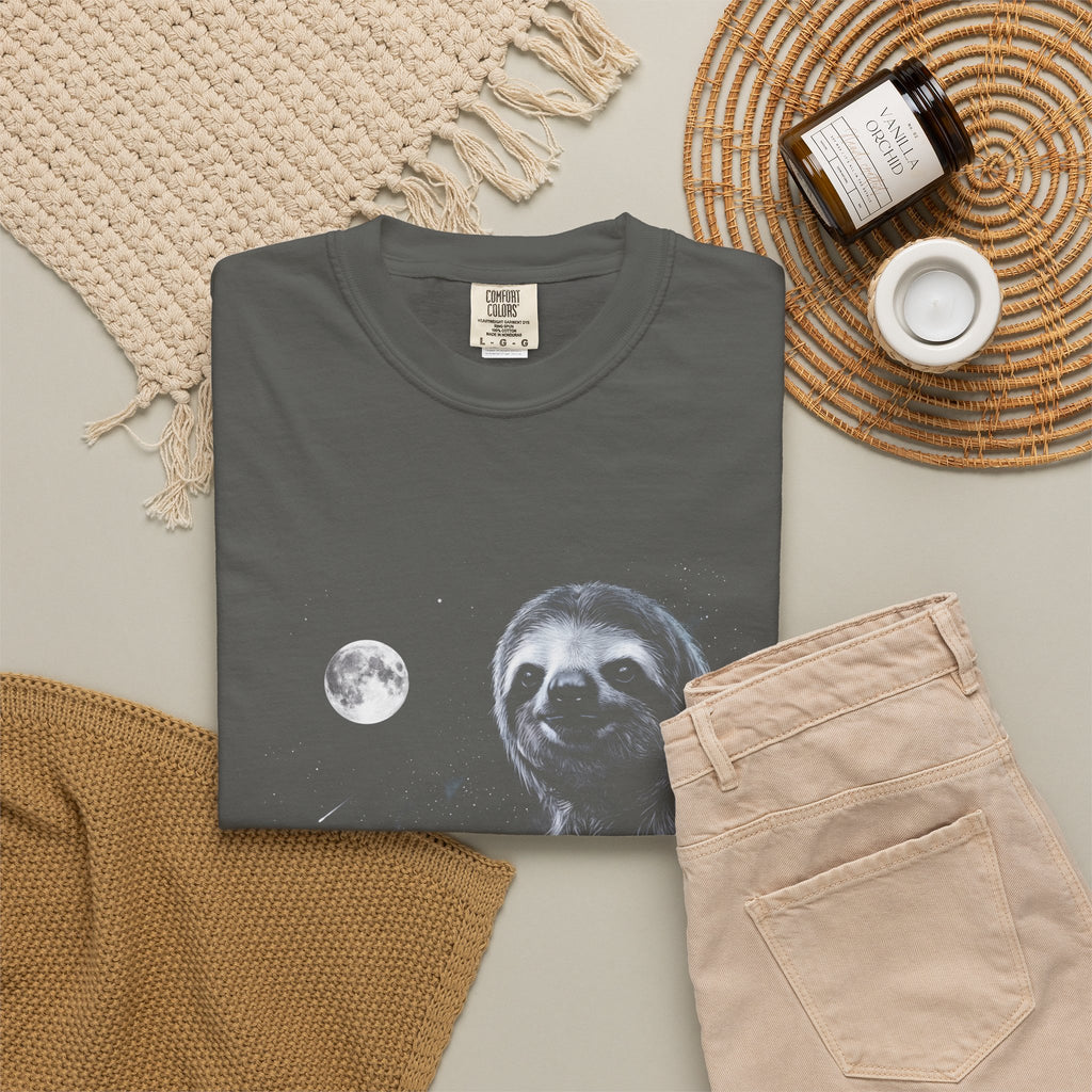 Airbrushed sloth howling at a cold moon in white, silver and ice blue against black, 1990s nature-tee style.