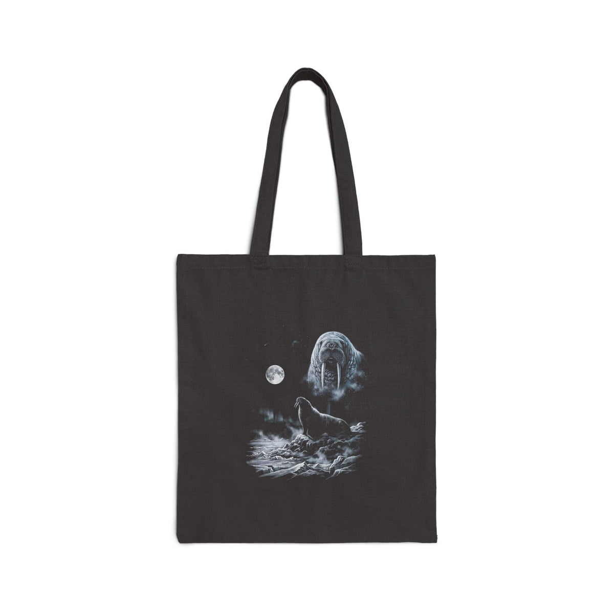 Airbrushed walrus with tusks howling at a cold moon in white, silver, and ice-blue on black background.