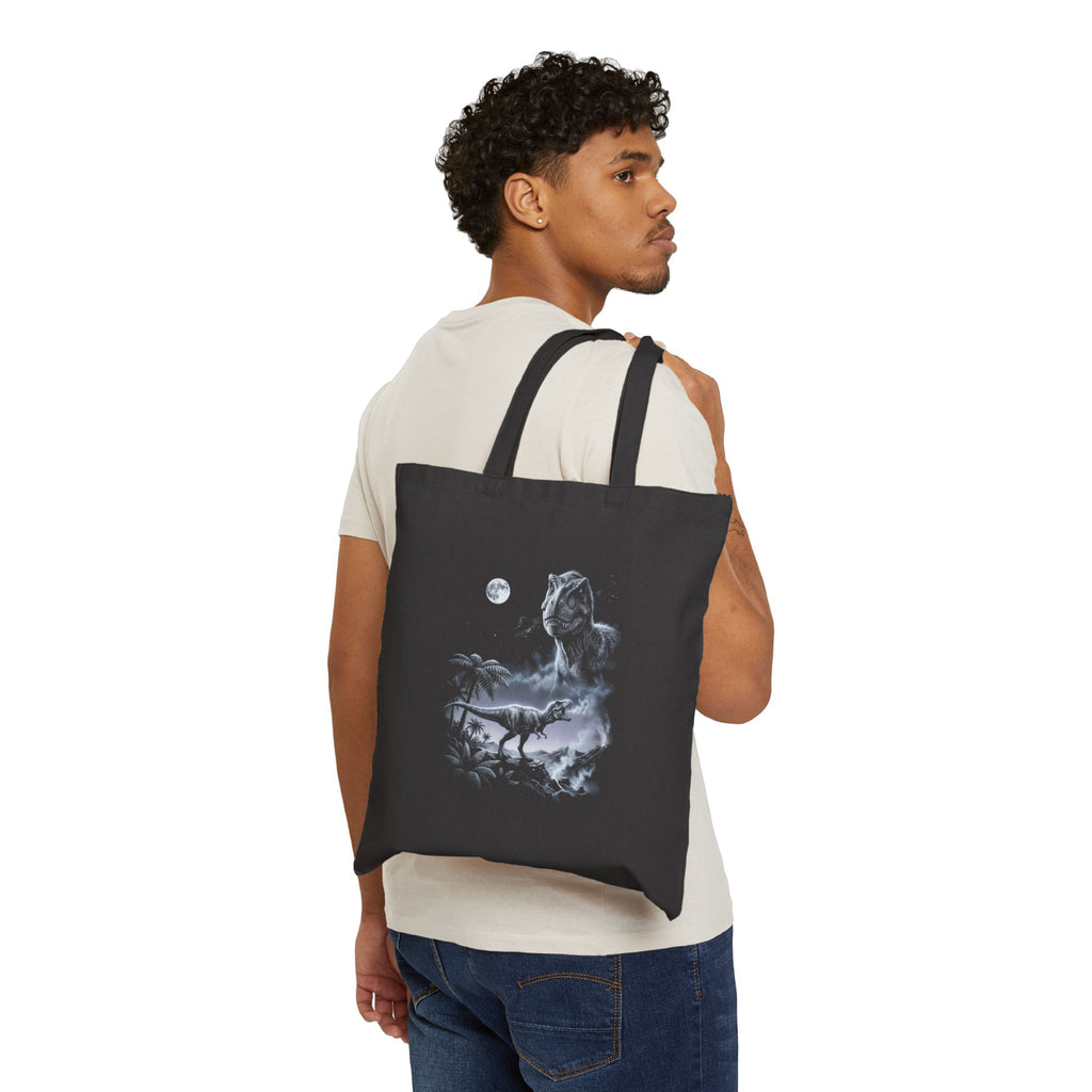 Airbrushed t-rex howling at a full moon in cold monochrome blues and greys, 1990s nature-tee style, on black.