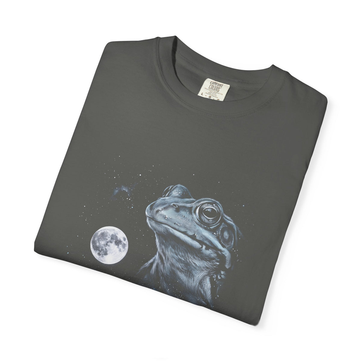 Airbrushed 1990s-style frog howling at a full moon in cold monochrome tones on a black t-shirt design.