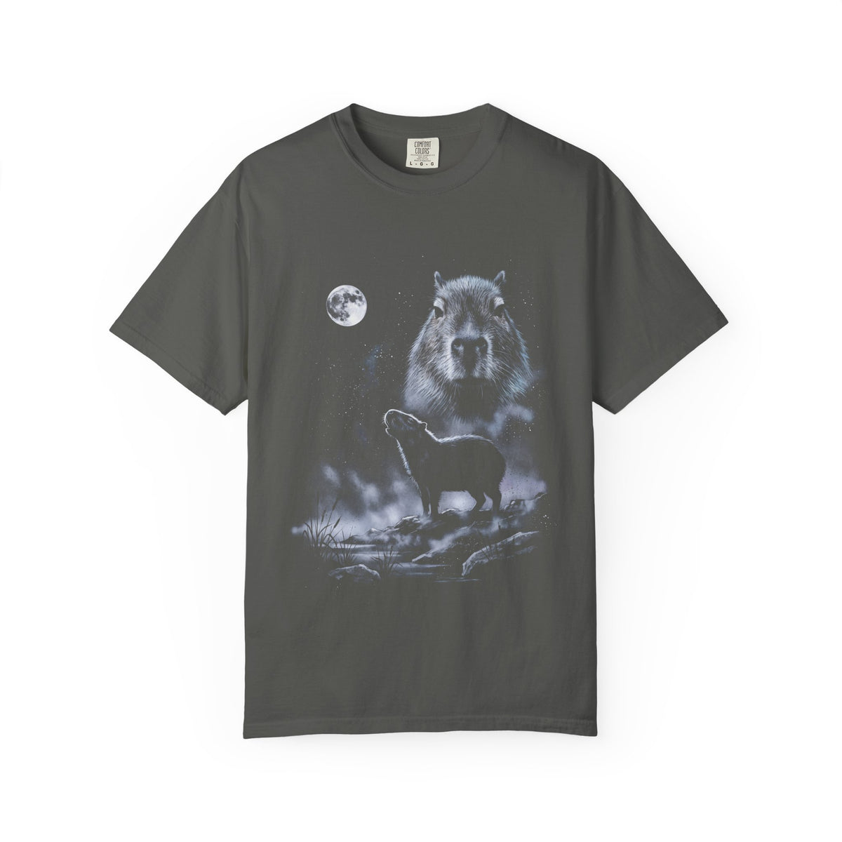 Airbrushed 90s-style art of a capybara howling at a full moon, cold blue-white tones on black.