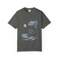 Airbrush-style illustration of an axolotl howling at a pale moon, in cold moonlit greys and blues on black.