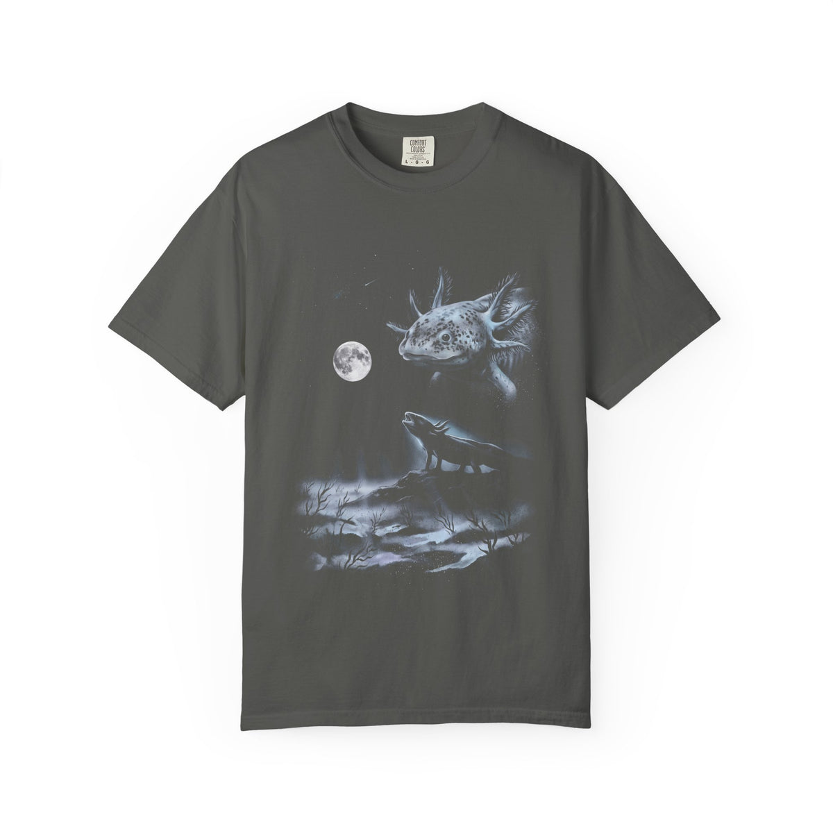 Airbrush-style illustration of an axolotl howling at a pale moon, in cold moonlit greys and blues on black.