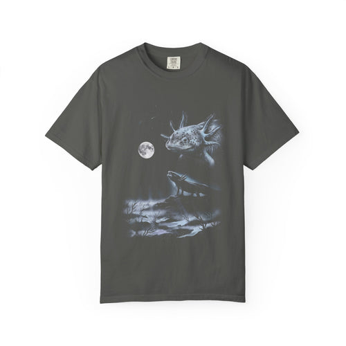 Airbrush-style illustration of an axolotl howling at a pale moon, in cold moonlit greys and blues on black.