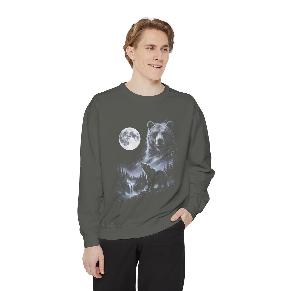 Airbrushed bear howling at a cold moon in white, silver, and ice blue on black, 1990s nature-tee style.