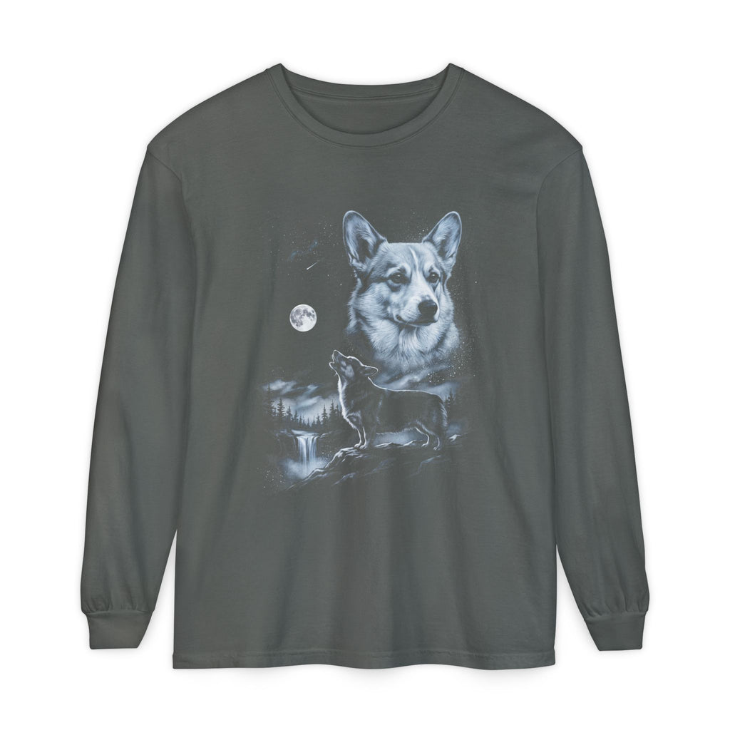 Airbrushed corgi howling at a full moon in cold moonlight tones on black, 1990s nature-tee style print.
