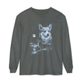 Airbrushed corgi howling at a full moon in cold moonlight tones on black, 1990s nature-tee style print.