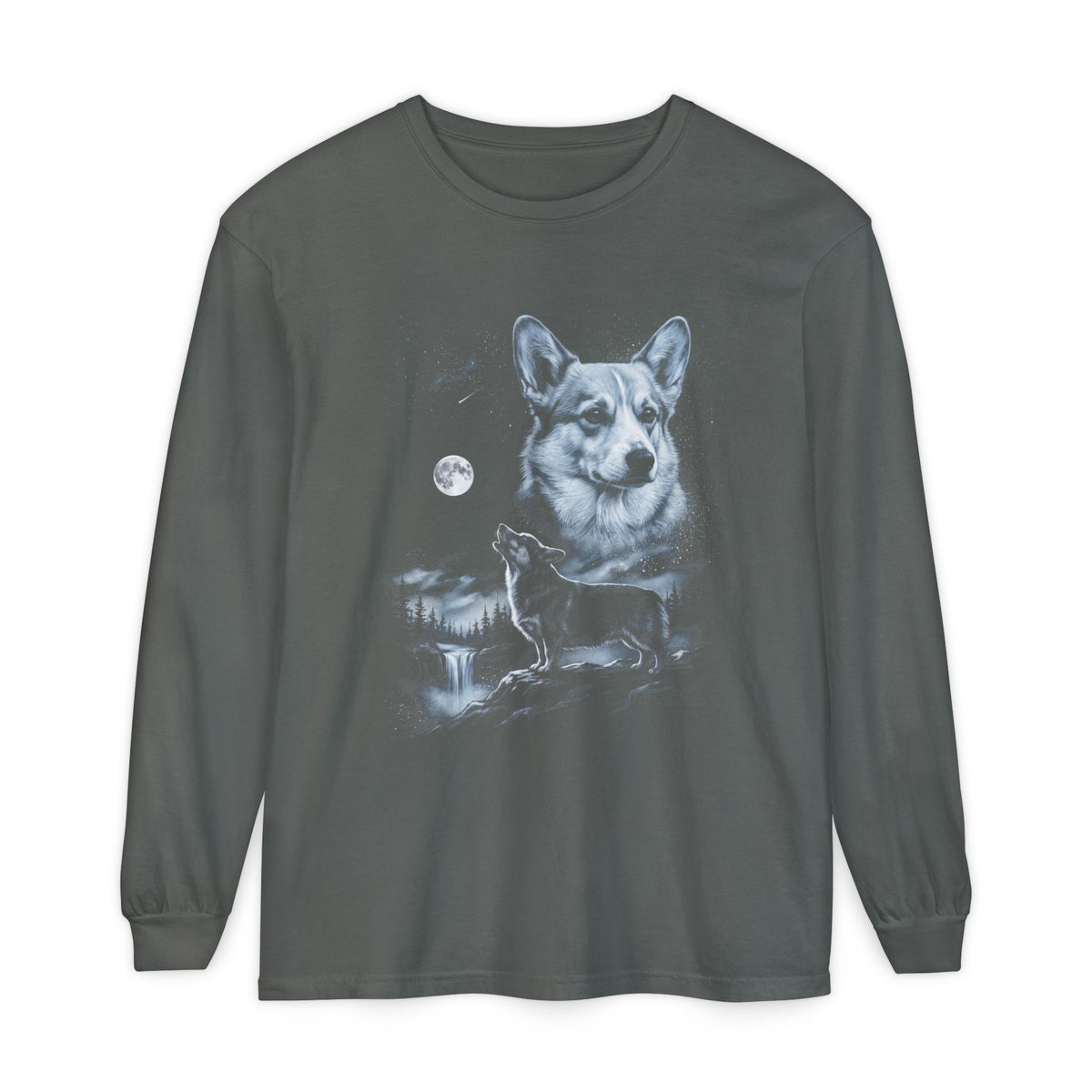Airbrushed corgi howling at a full moon in cold moonlight tones on black, 1990s nature-tee style print.