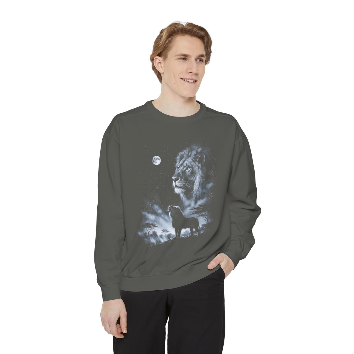 Airbrushed lion howling at the moon in white, silver and ice blue against black, 1990s nature-tee style.