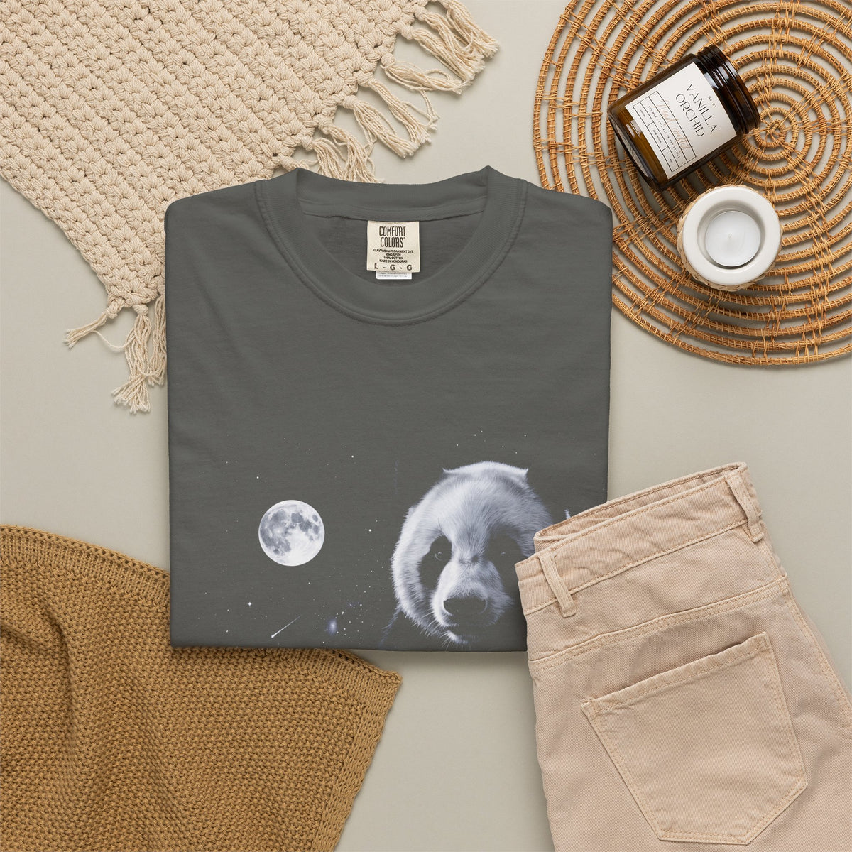 Airbrushed 1990s-style art of a panda howling at the moon in cold white, silver, and ice-blue tones on black.