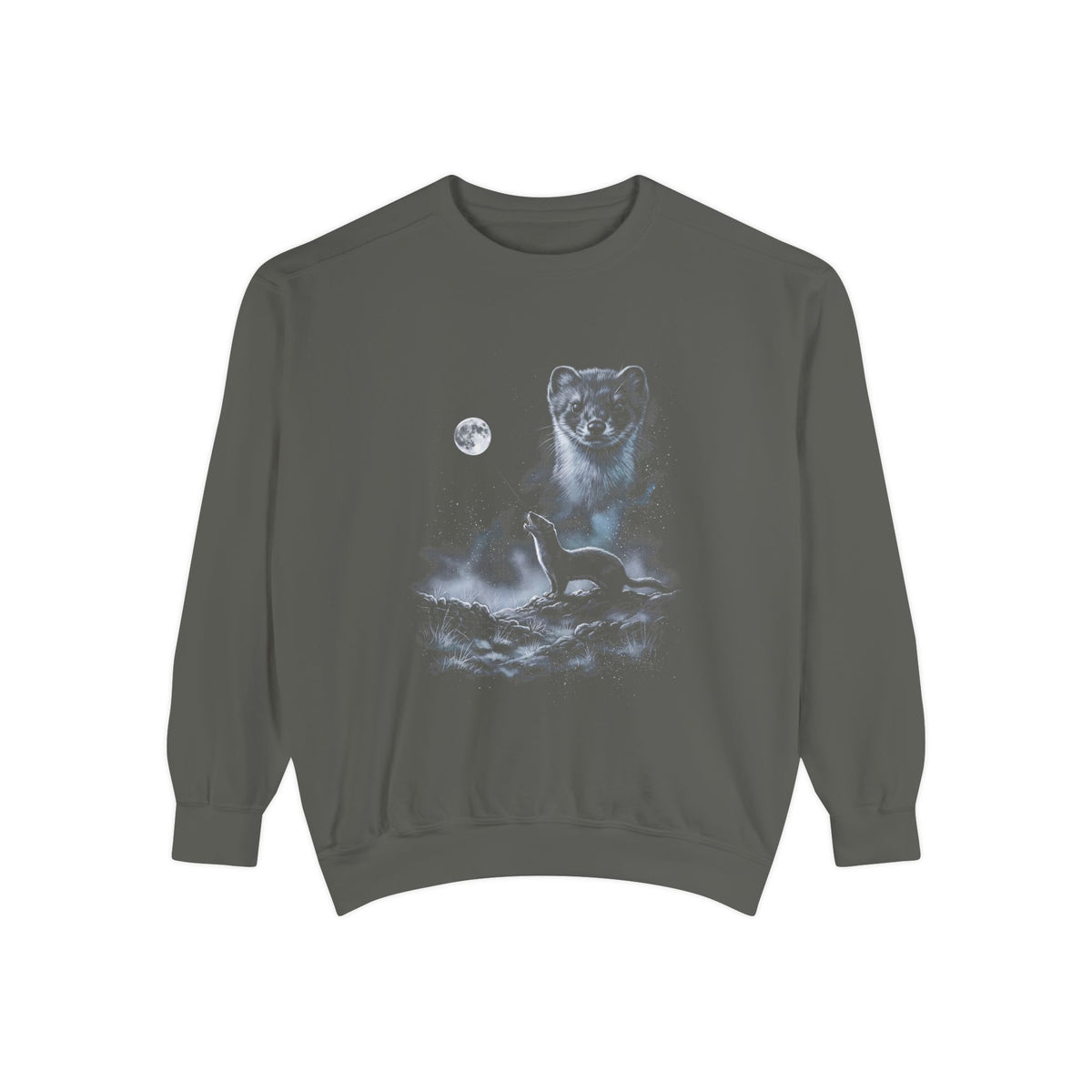 Airbrushed 1990s-style art of a weasel howling at the moon in cold silver, ash grey, and ice blue on black.