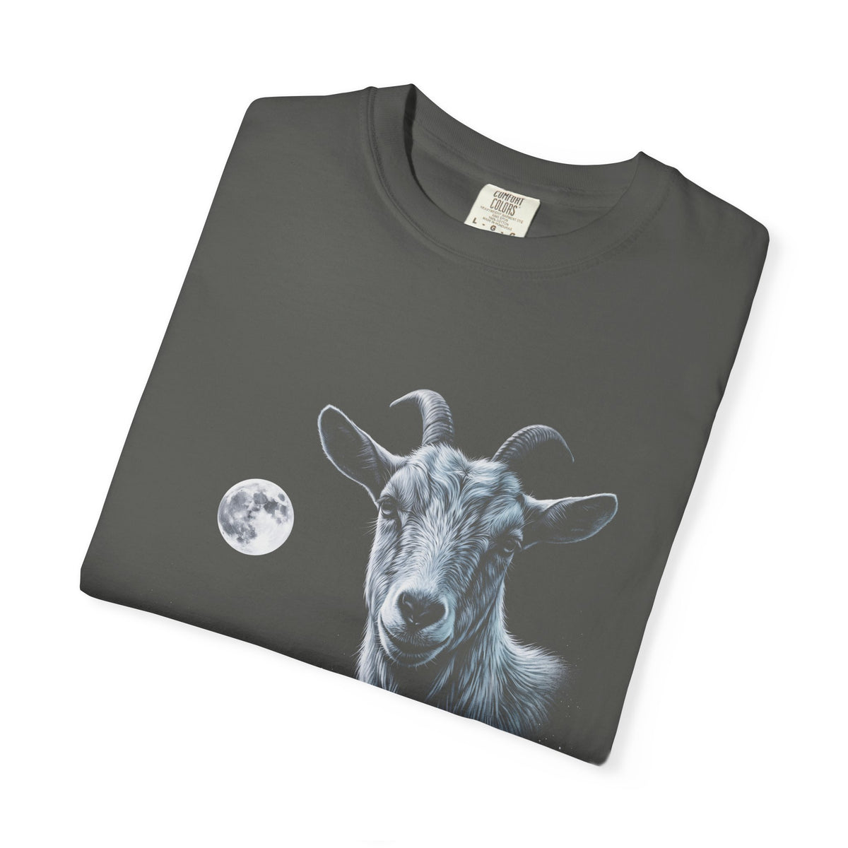 Airbrushed illustration of a goat howling at a cold moonlit sky, in white, silver, and ice-blue tones on black.