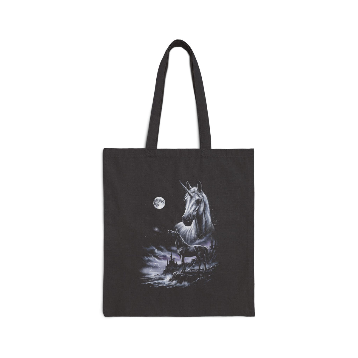 Black-and-white airbrushed unicorn howling at the moon, gritty 1990s nature-tee style artwork.