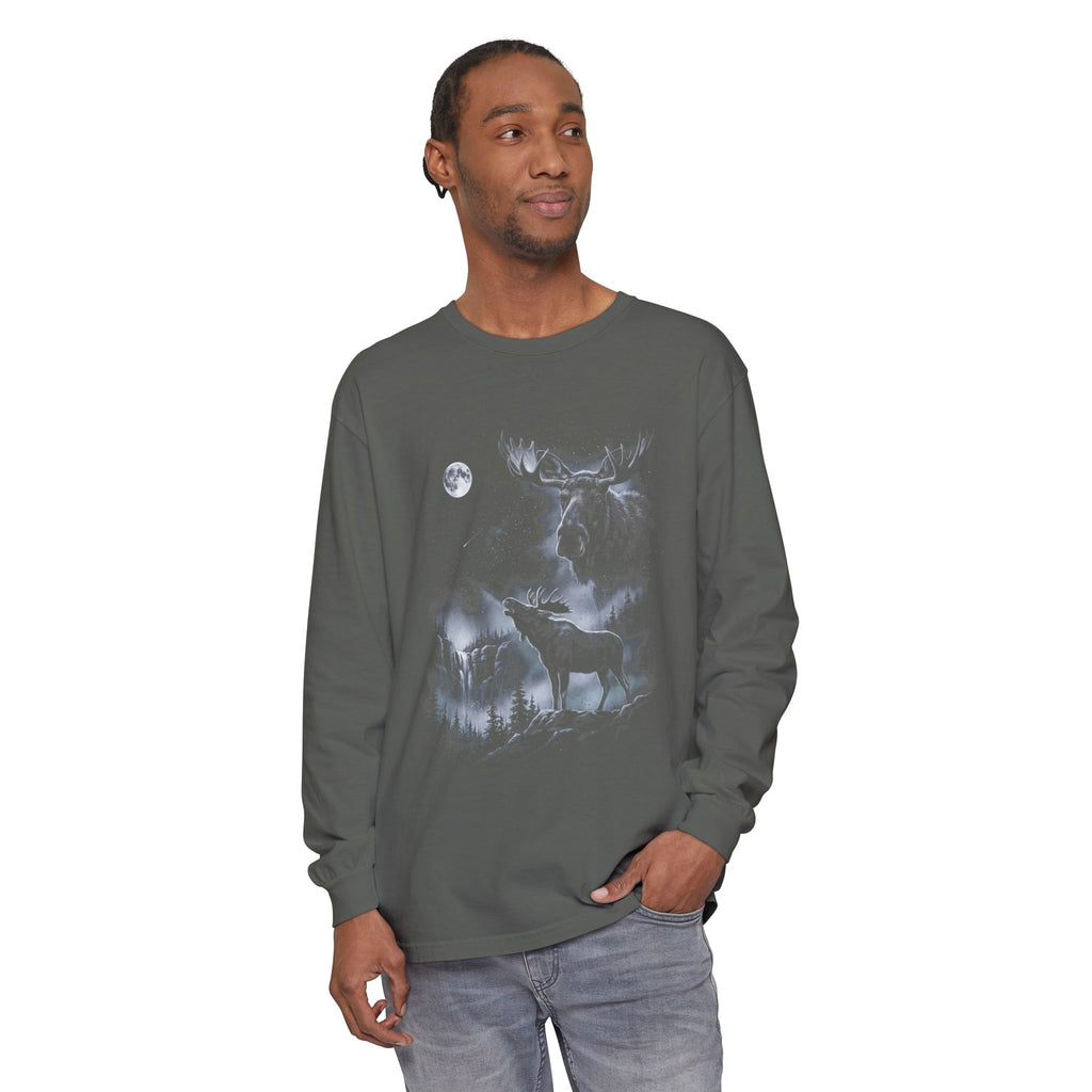 Airbrushed moose howling at the moon in white, grey, and ice blue on black, retro 90s style