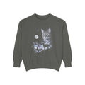 Airbrushed 1990s-style art of a house cat howling at a cold, near-monochrome moon on a black background.