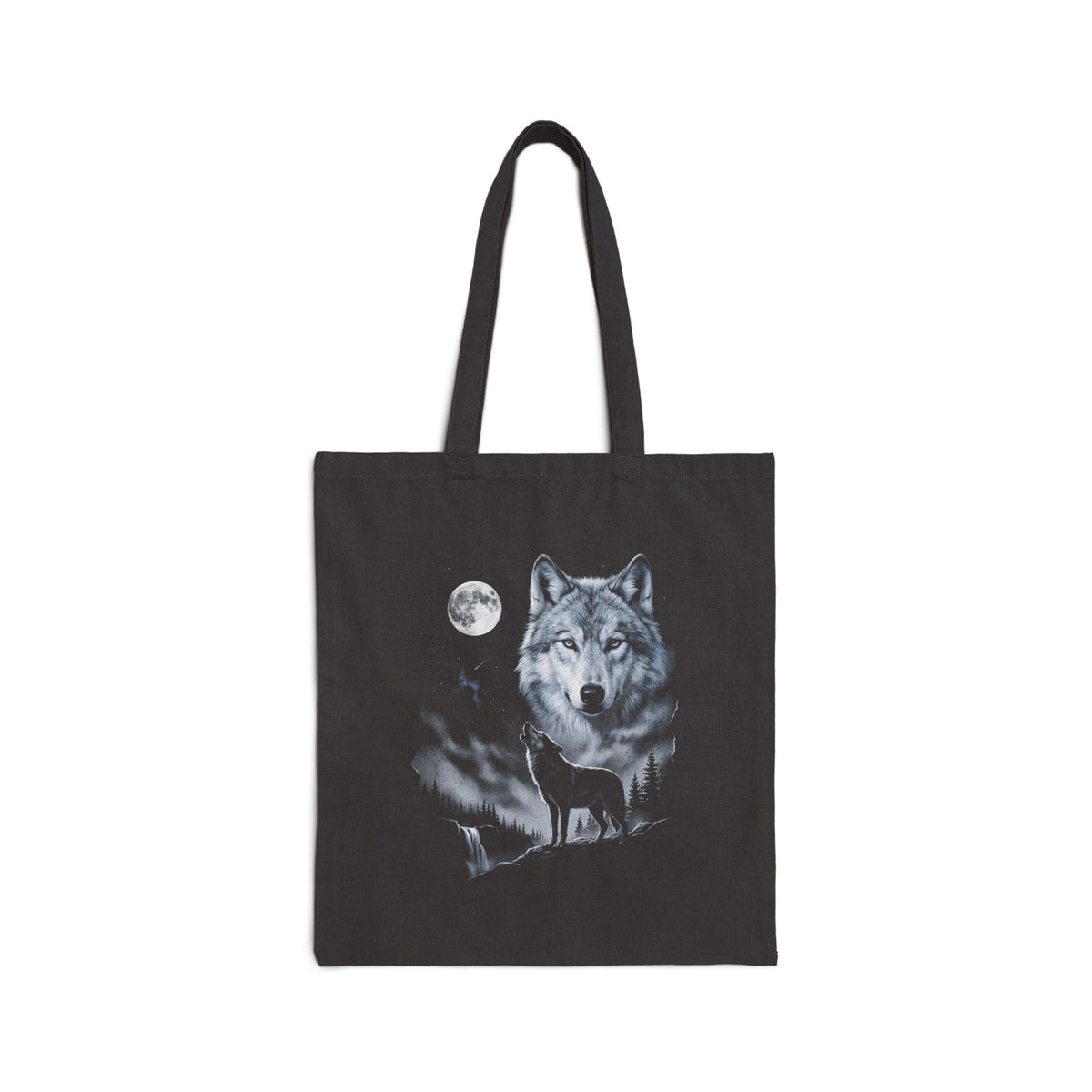 Retro airbrushed wolf howling at the moon in cold silver, ash grey and ice blue on black.