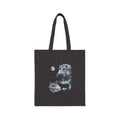 Black tote with a monochrome moonlit airbrush illustration of a hippo howling at the moon, 1990s nature-tee style.