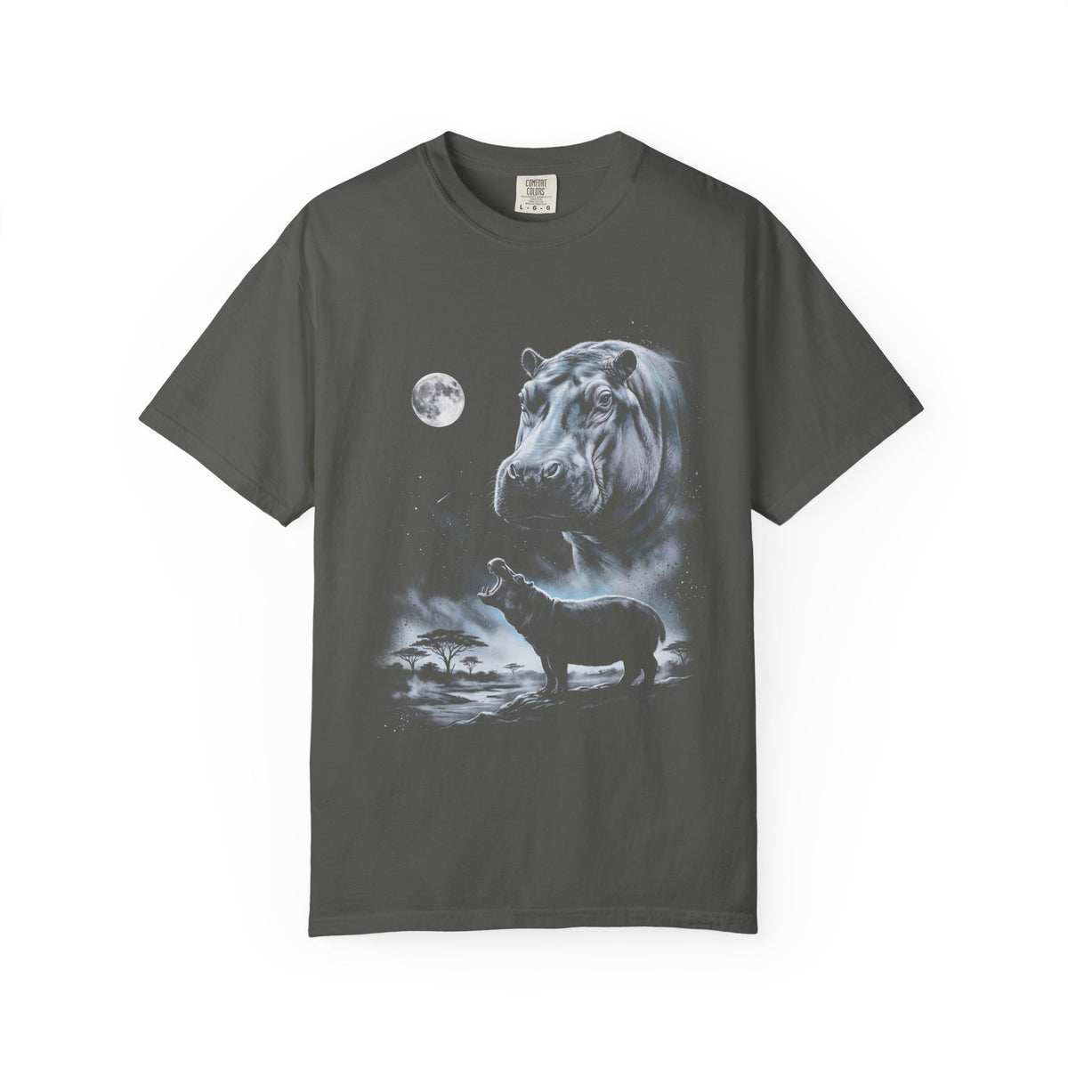 Airbrushed hippo howling at a full moon in cold monochrome blues, greys and violet on black, 1990s nature-tee style.