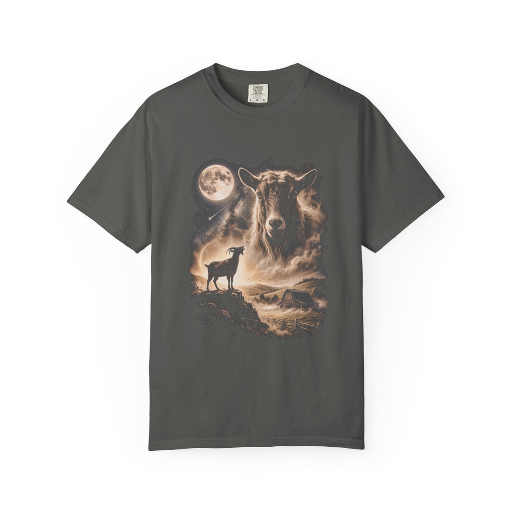 Dark t-shirt with airbrushed portrait of a goat above it howling at a full moon over misty fields