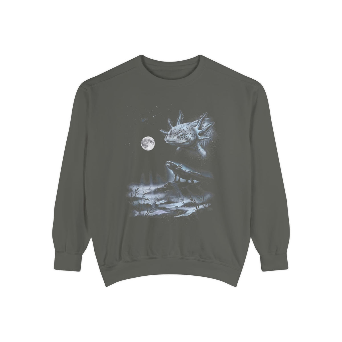 Airbrushed axolotl howling at the moon in cold monochrome moonlight, 1990s nature-tee style on black.
