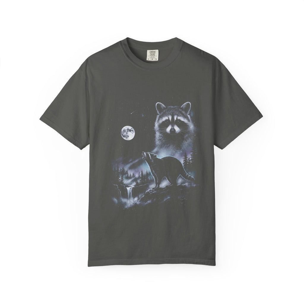 Cold-toned airbrushed raccoon howling at the moon on black, in classic 90s nature-tee style.