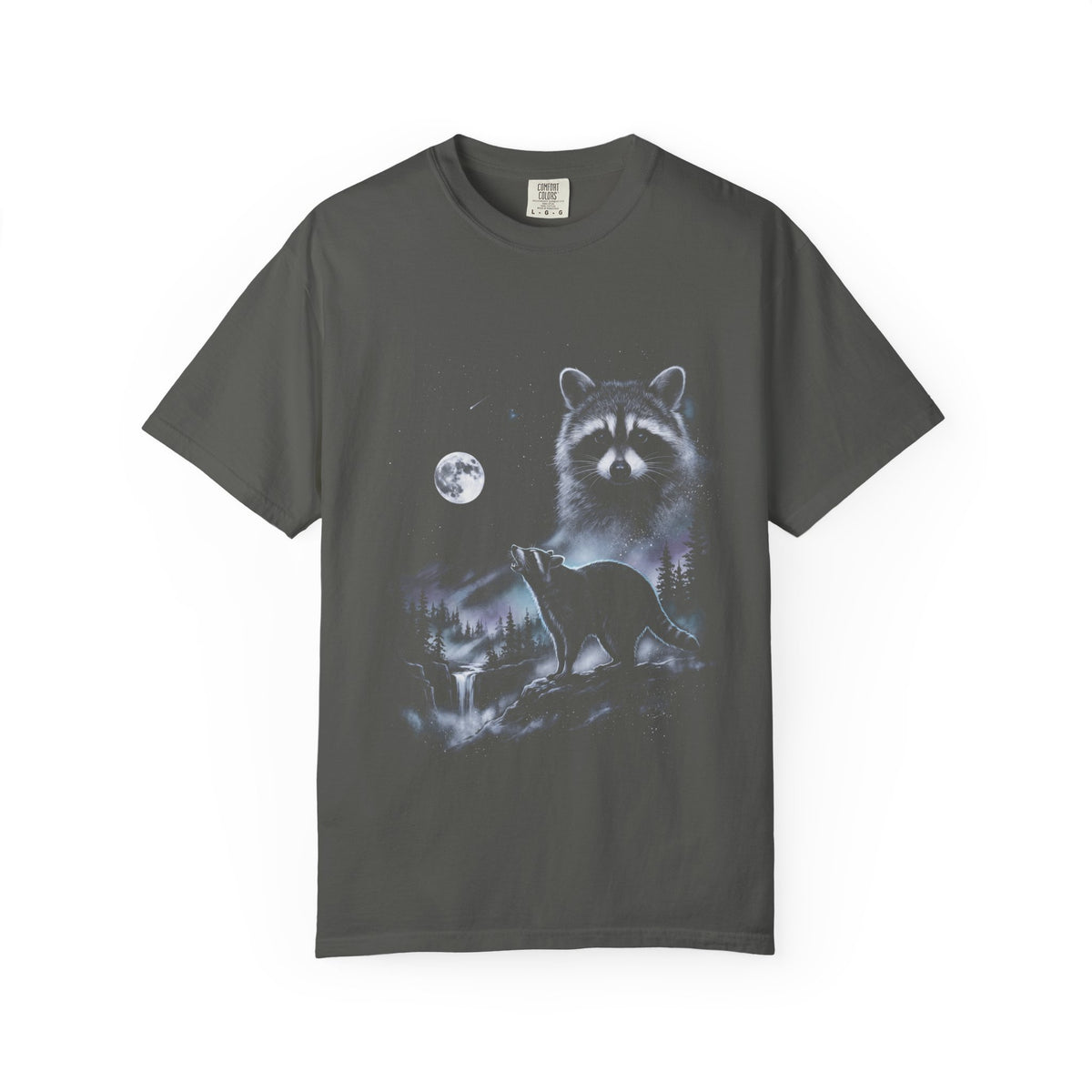 Cold-toned airbrushed raccoon howling at the moon on black, in classic 90s nature-tee style.