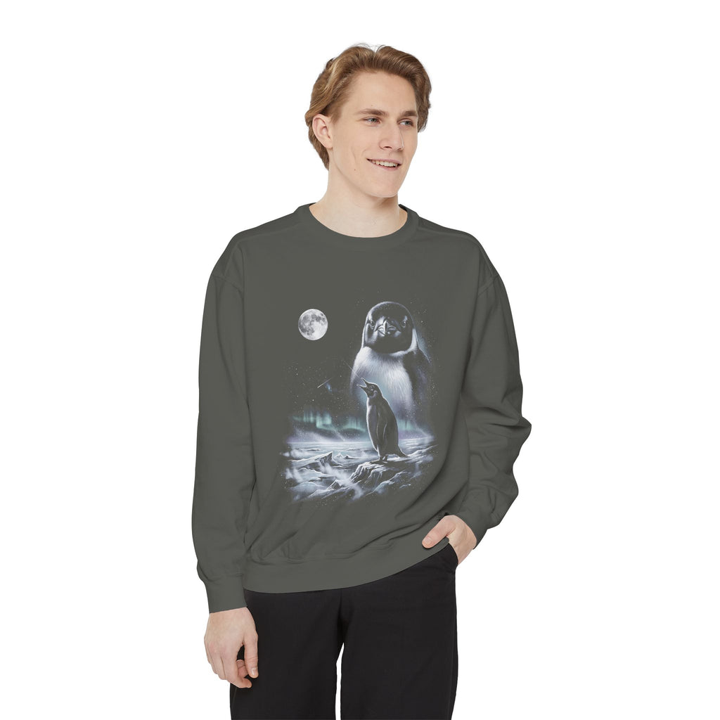 Airbrushed 1990s-style art of a penguin howling at a cold moon in white, silver and ice blue on black.