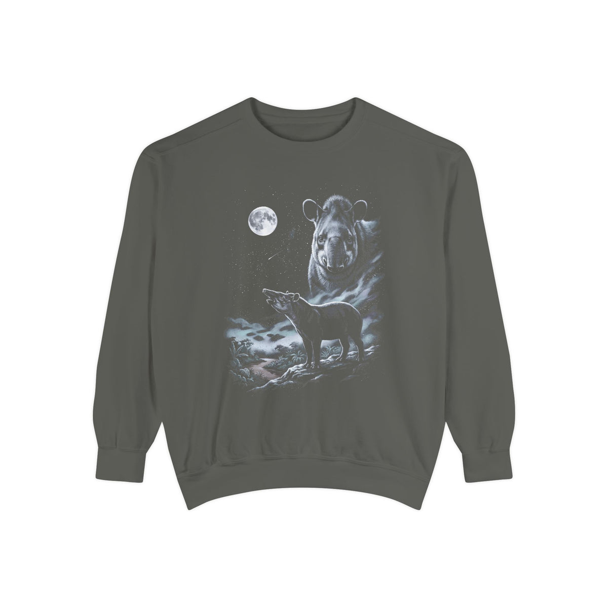 Retro airbrushed tapir howling at the moon in cold silver, grey, and ice-blue tones on black, 90s nature-tee style.