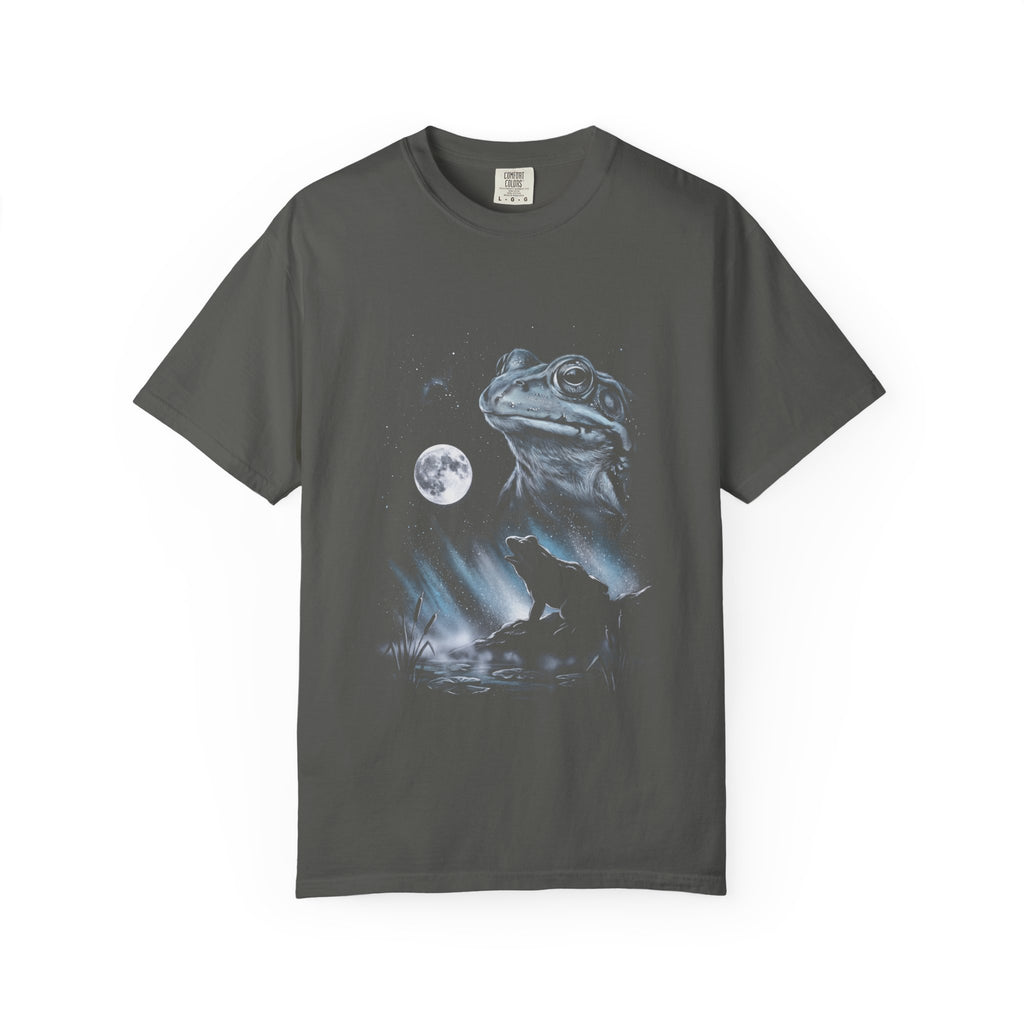 Airbrushed 1990s-style frog howling at a full moon in cold monochrome tones on a black t-shirt design.