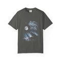 Airbrushed 1990s-style frog howling at a full moon in cold monochrome tones on a black t-shirt design.