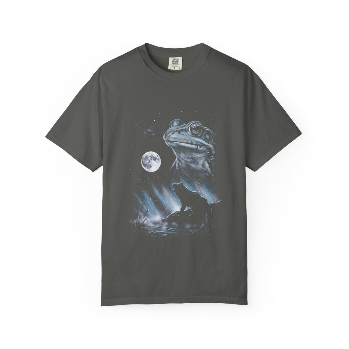 Airbrushed 1990s-style frog howling at a full moon in cold monochrome tones on a black t-shirt design.
