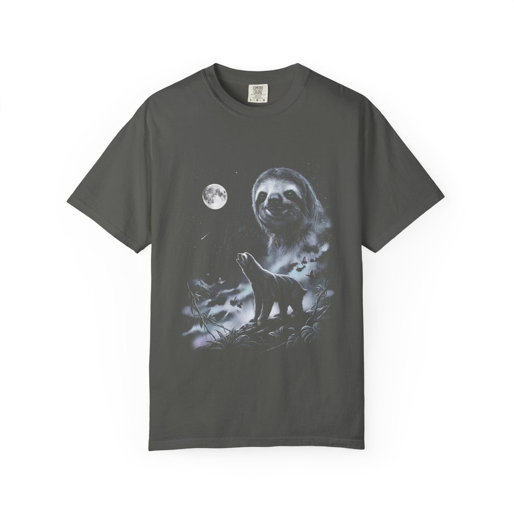 Airbrushed sloth howling at a cold moon in white, silver and ice blue against black, 1990s nature-tee style.