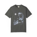 Airbrushed sloth howling at a cold moon in white, silver and ice blue against black, 1990s nature-tee style.