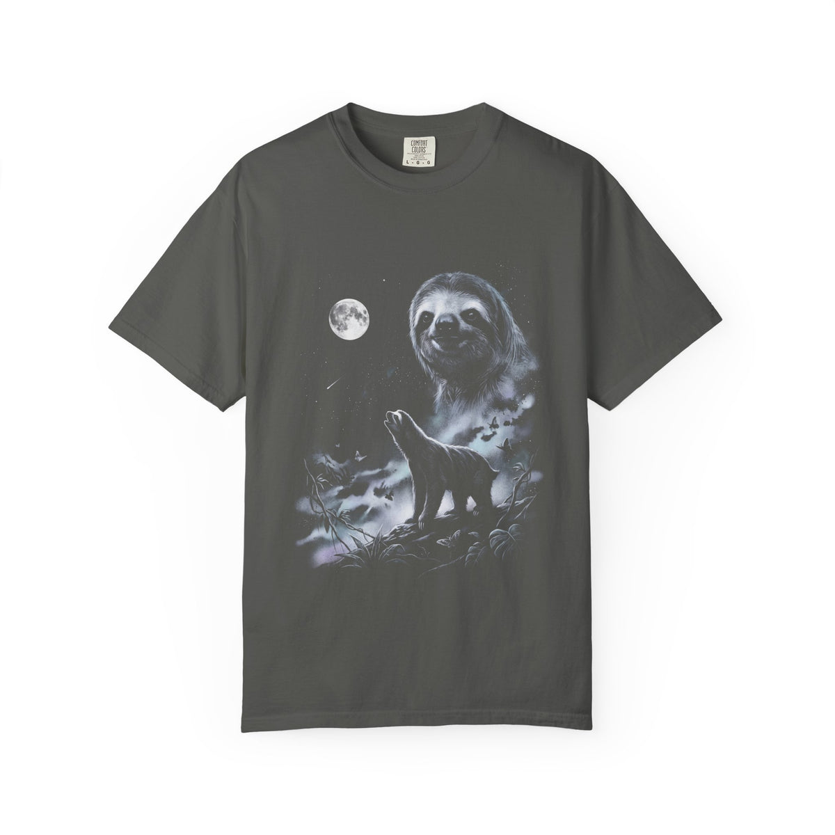 Airbrushed sloth howling at a cold moon in white, silver and ice blue against black, 1990s nature-tee style.