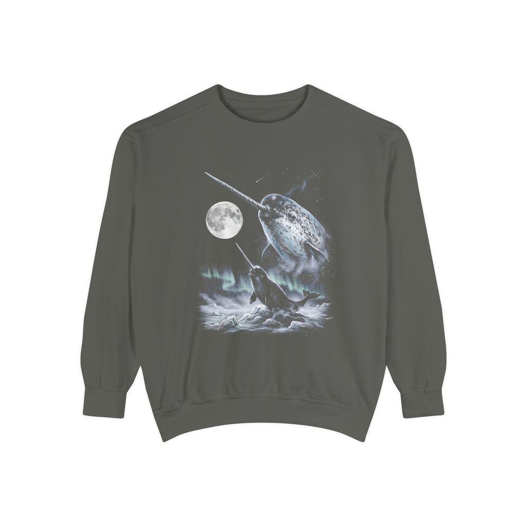 Airbrushed narwhal howling at a pale moon, cold monochrome 1990s nature-tee art on black.