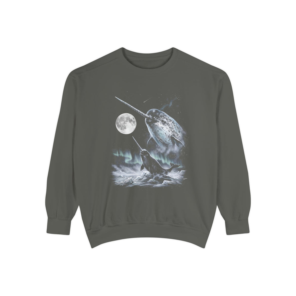 Airbrushed narwhal howling at a pale moon, cold monochrome 1990s nature-tee art on black.