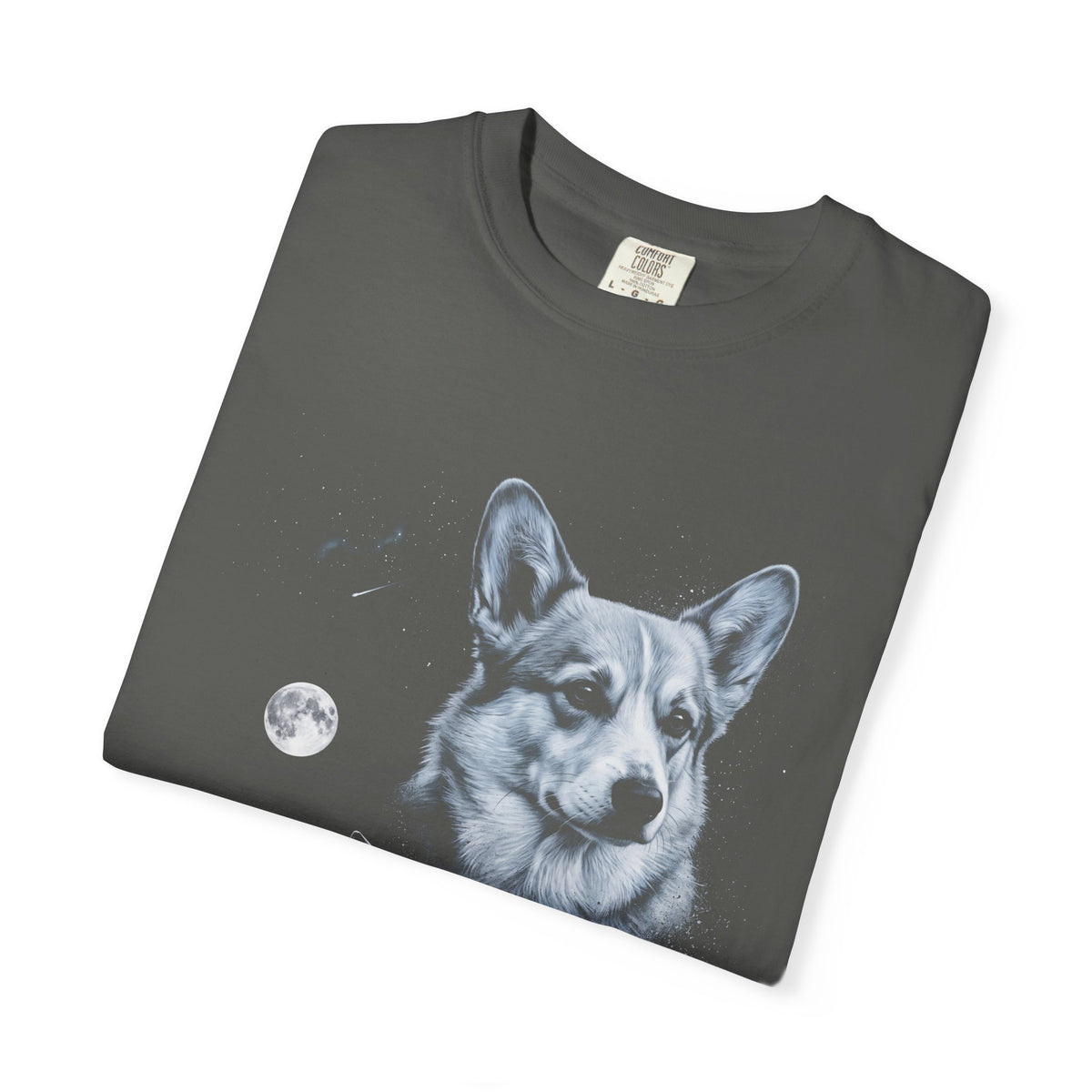 Retro 90s airbrushed corgi howling at a full moon in cold moonlight, printed on a black tee.