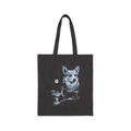 Retro airbrushed corgi howling at a cold moon, in white, silver and ice blue on black canvas tote.