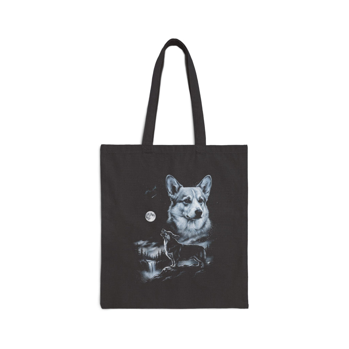 Retro airbrushed corgi howling at a cold moon, in white, silver and ice blue on black canvas tote.