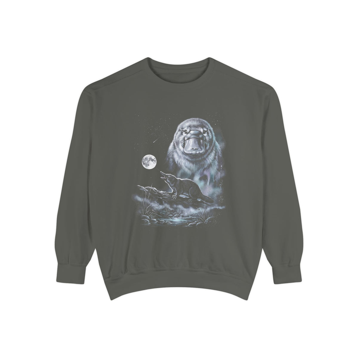 Airbrushed platypus howling at a full moon in cold monochrome moonlight, 1990s nature-tee style artwork.