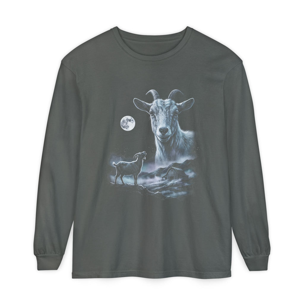 Airbrushed goat howling at a cold moonlit sky, ash grey and ice blue on black, 1990s nature-tee style.
