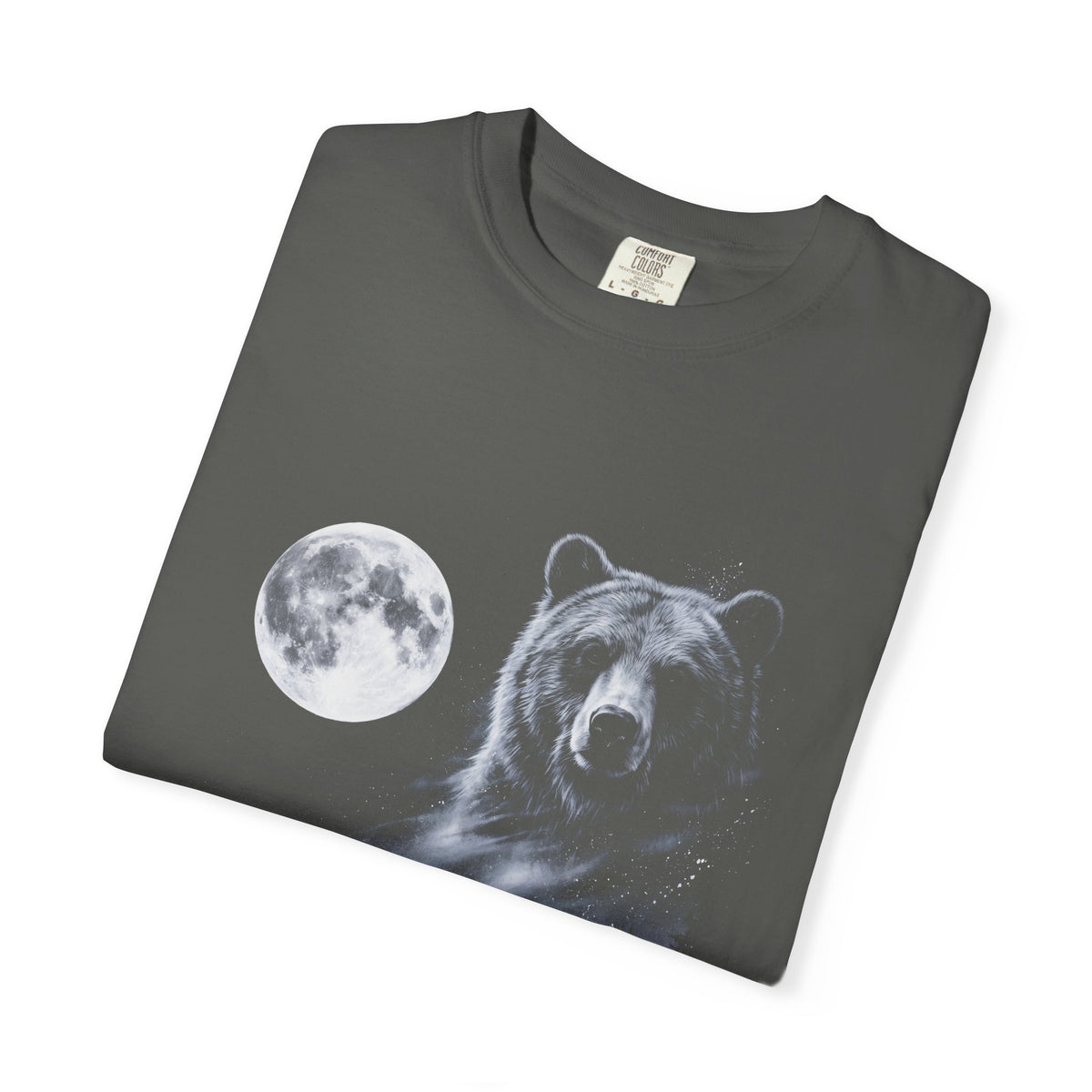Airbrushed bear howling at a moon in white, silver and ice-blue tones against black, 1990s nature-tee style
