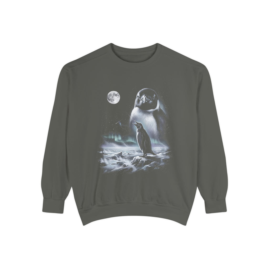 Airbrushed 1990s-style art of a penguin howling at a cold moon in white, silver and ice blue on black.