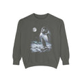 Airbrushed 1990s-style art of a penguin howling at a cold moon in white, silver and ice blue on black.