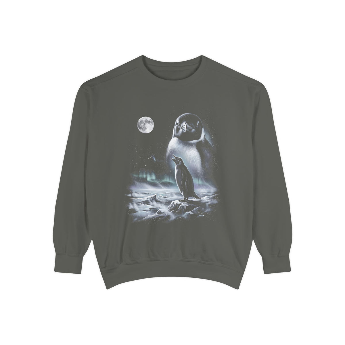 Airbrushed 1990s-style art of a penguin howling at a cold moon in white, silver and ice blue on black.